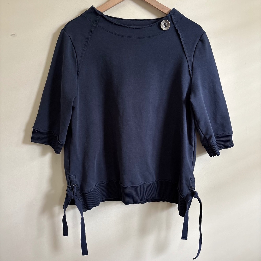 Neon Buddha Navy Blue Short Sleeve Sweatshirt Side Tie Button Detail Large